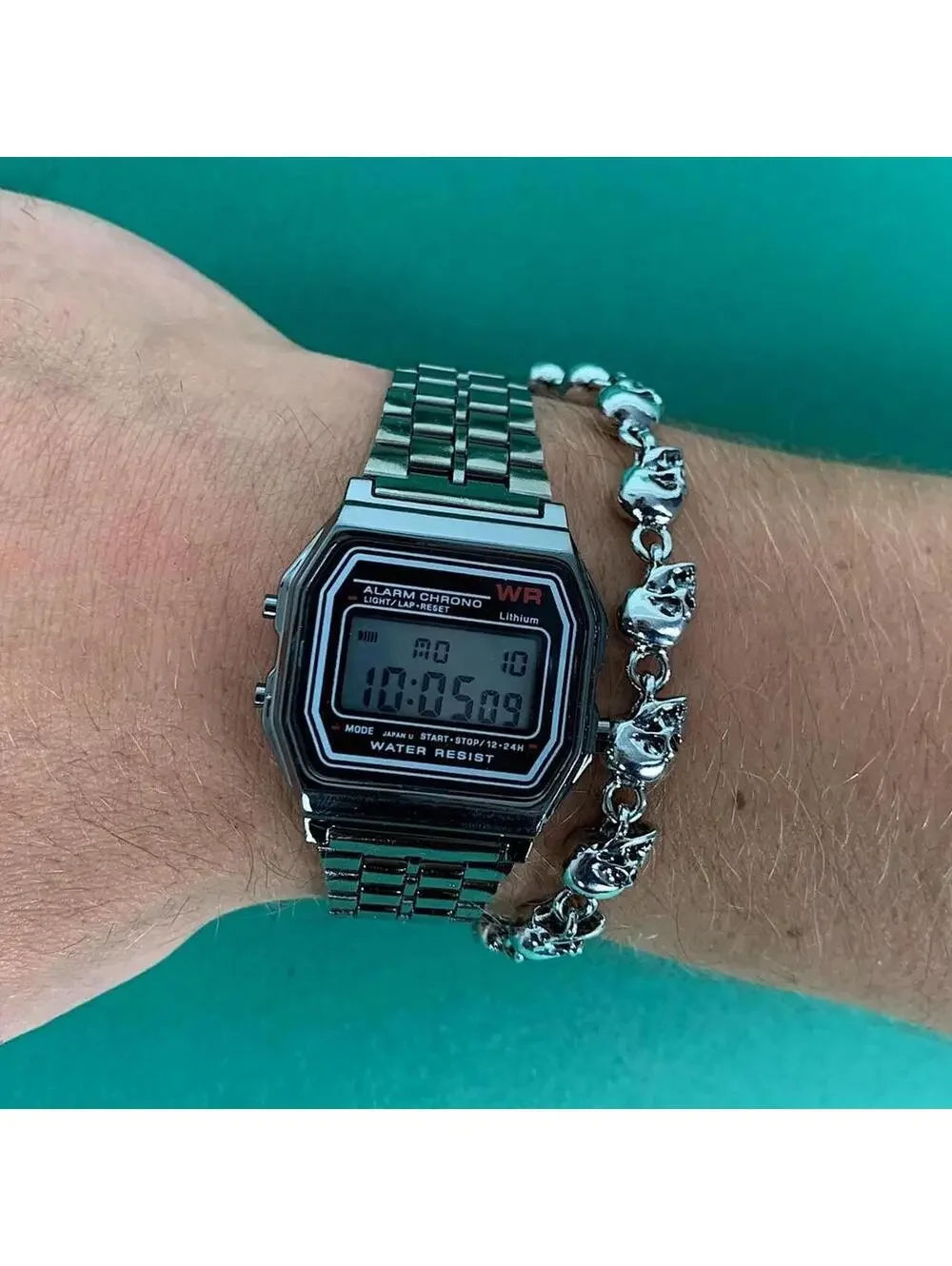 Cyber Y2k 2000s vintage retro style silver stainless steel digital watch. Comes